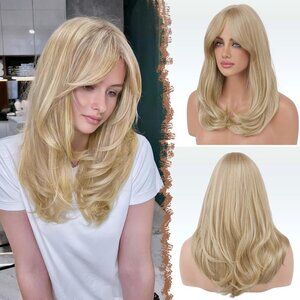 FESHFEN Dirty Blonde Wigs with Bangs, Layered Straight Hair